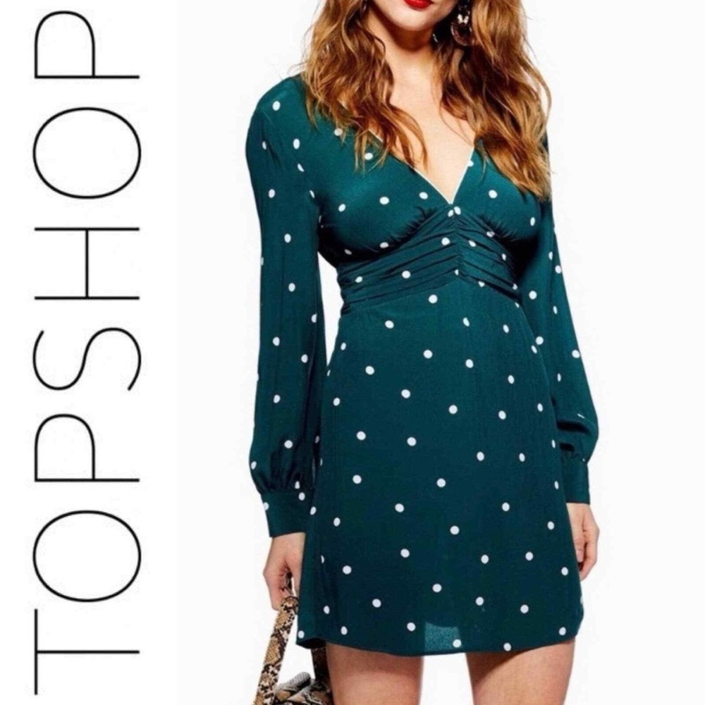 TopShop Teal Dot Print Ruched Dress | 6